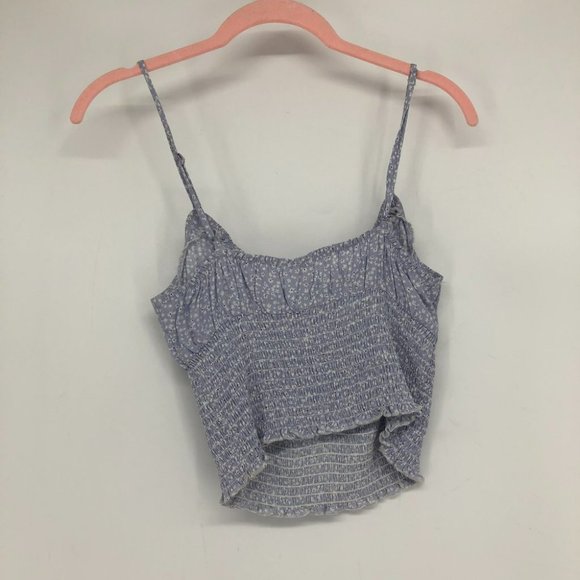 Garage periwinkle blue white floral shirred tie front crop  tank top SP - Picture 12 of 13